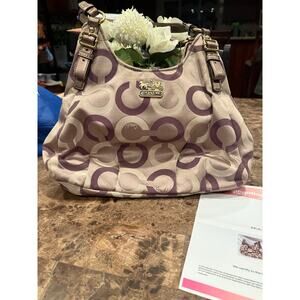 Coach Madison Signature Dotted OP Maggie Art Handbag Gray Purple Logo 16505 Y2K
